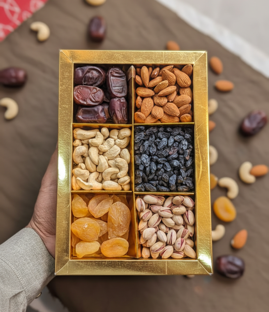Gold box of assorted nuts and dried fruits held by a hand on a brown surface.
