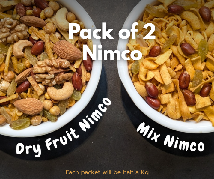 Two bowls of Nimco snacks labeled 'Dry Fruit Nimco' and 'Mix Nimco' on a dark background.