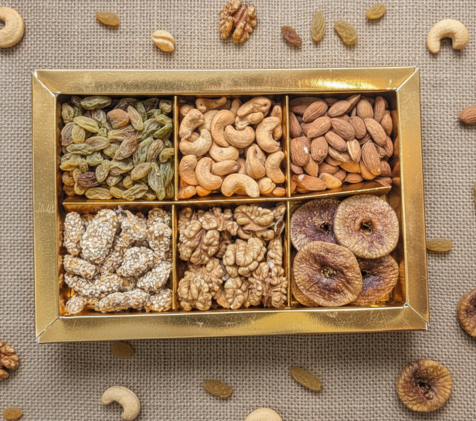 Assorted nuts and dried fruits in a gold box on a textured surface